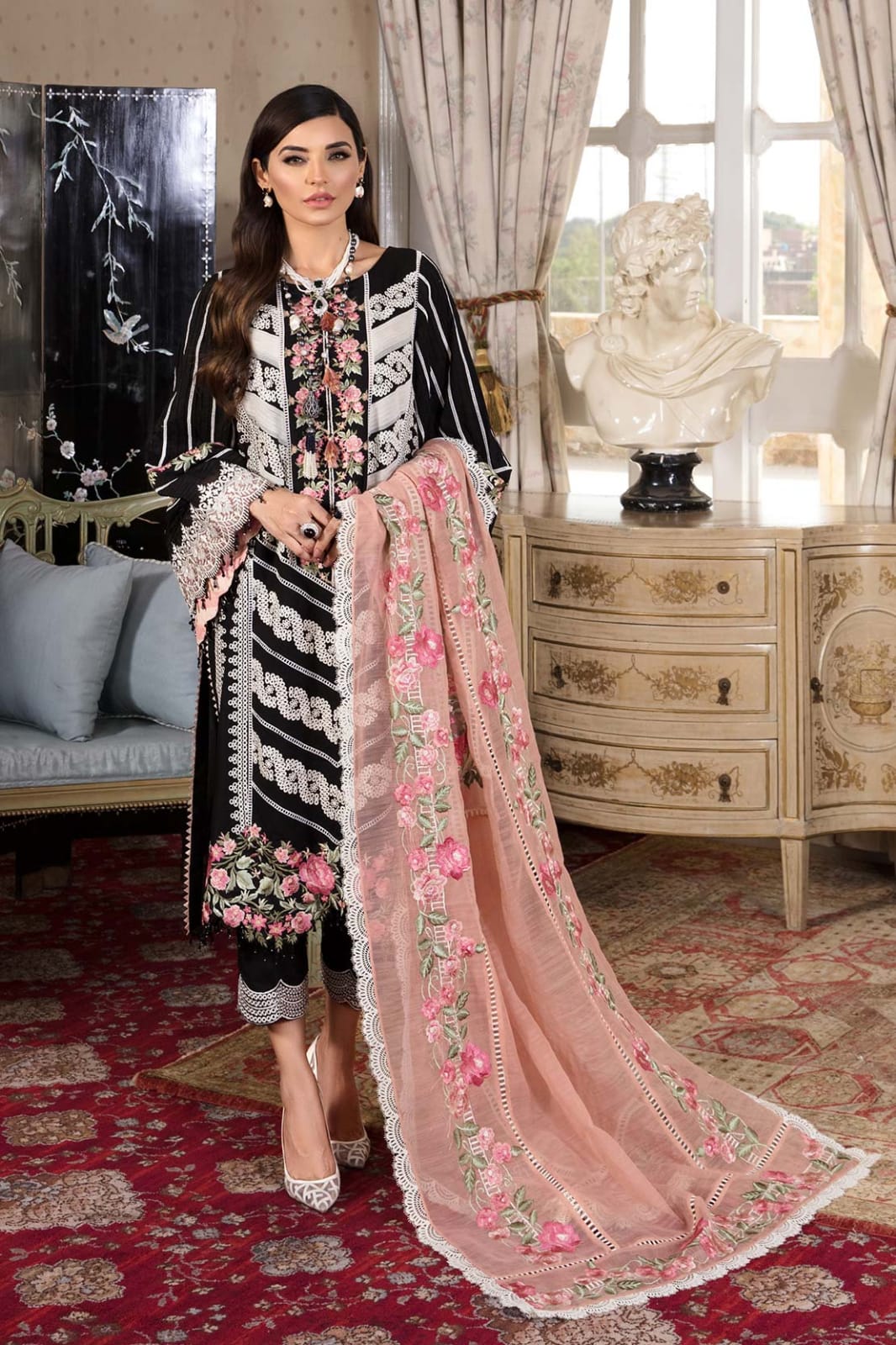 Crimson Black Pink Dupatta Luxury Lawn Dress