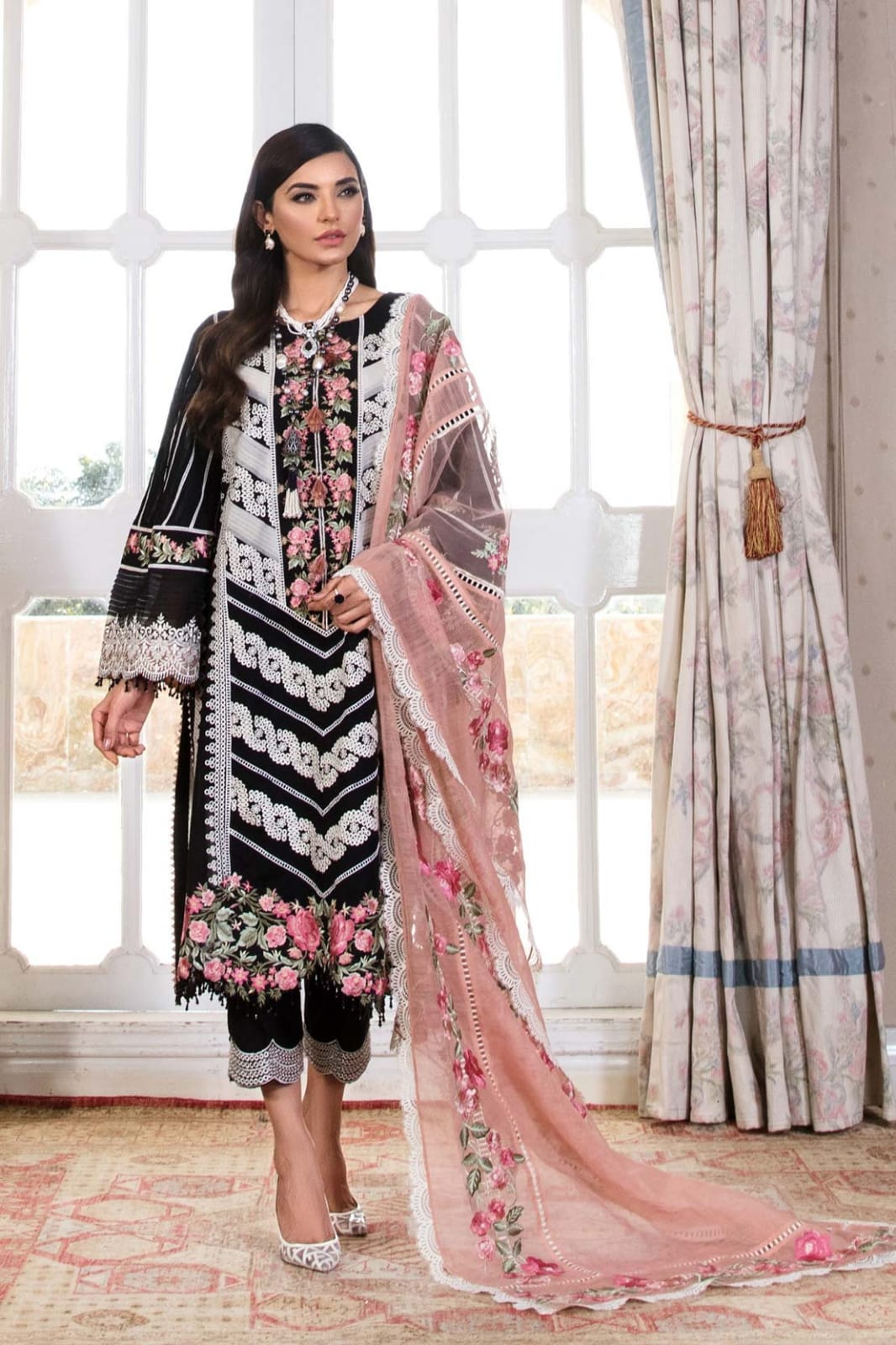 Crimson Black Pink Dupatta Luxury Lawn Dress