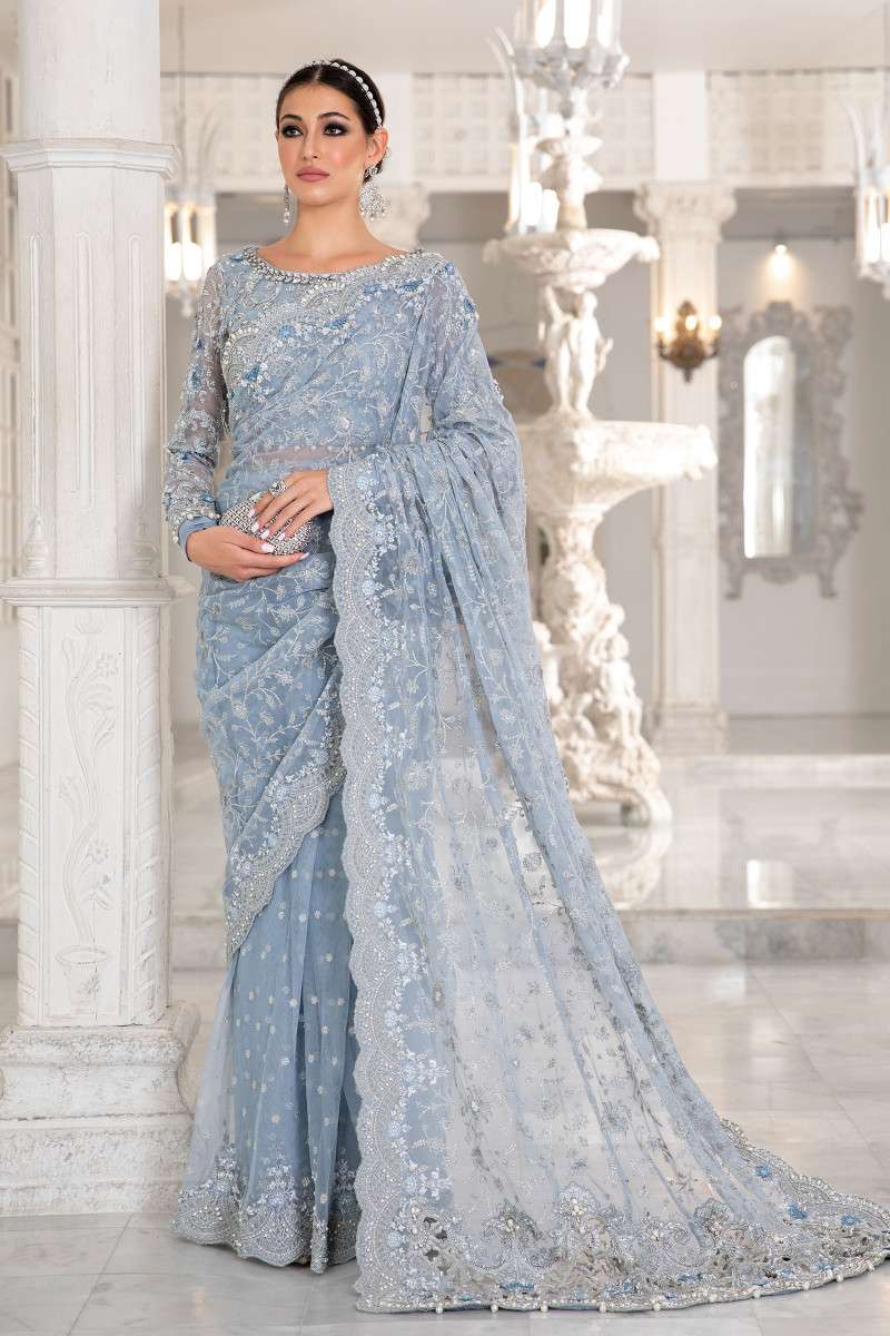 Maria B Ice Blue Luxury Net Saree