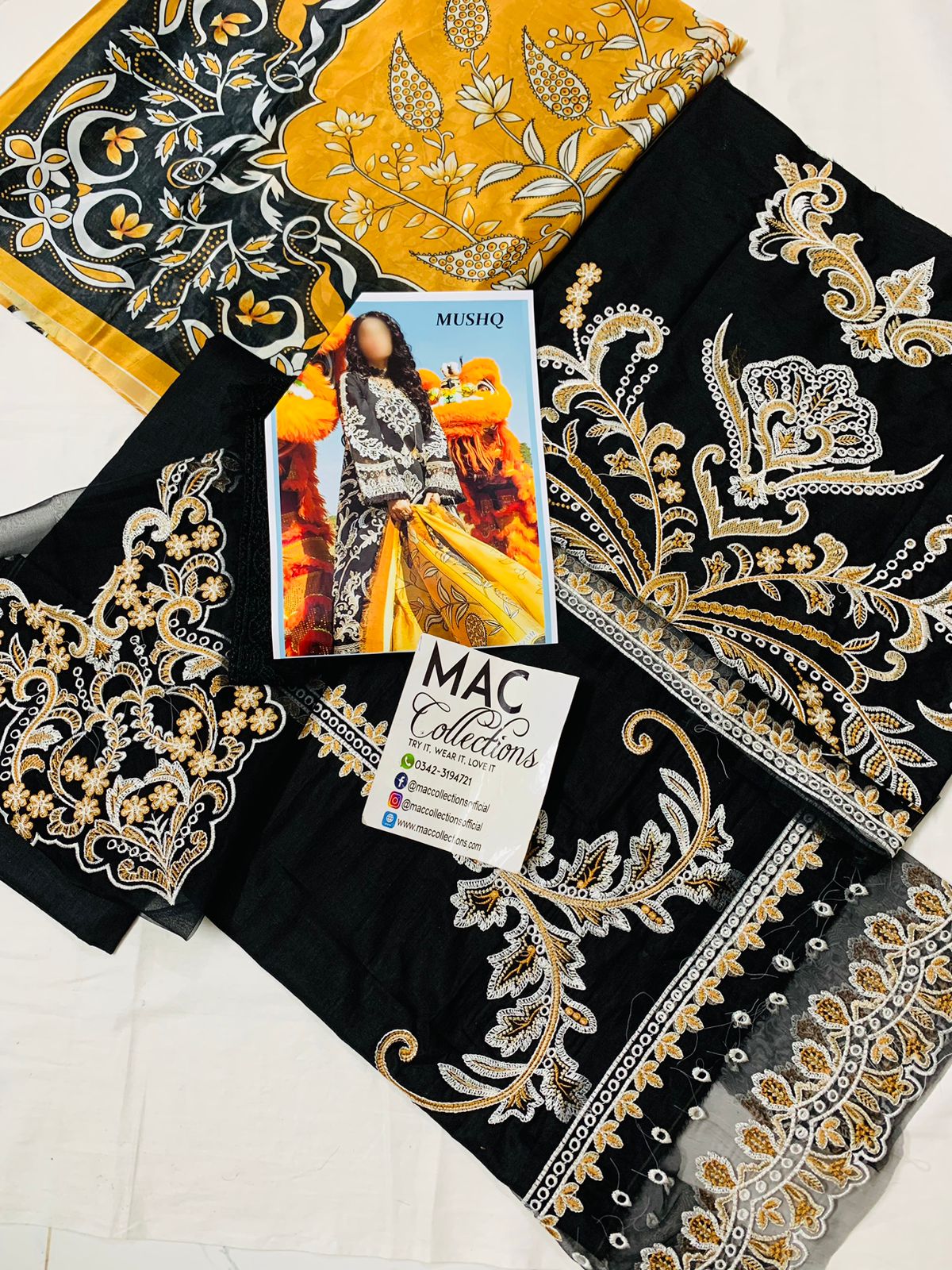 Mushq Black With Yellow Dupatta Luxury Lawn Dress